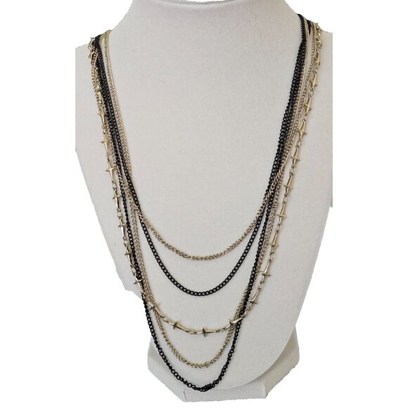 Multi-Strand, 5 Strand, Necklace, Black, Gold, Longest 23", Chain, EUC, Party - Picture 1 of 4